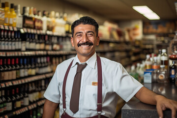 Fototapeta premium Smiling Liquor store attendant posing looking at the camera