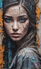 portrait of a beautiful girl with a blue eyes on the background of an old wall.portrait of a beautiful girl with a blue eyes on the background of an old wall.beautiful woman face in a colorful brick b