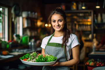 Smiling charming beautiful young waitress posing at a restaurant kitchen holding a salad dish looking at the camera