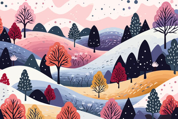Winter scenery quirky doodle pattern, wallpaper, background, cartoon, vector, whimsical Illustration