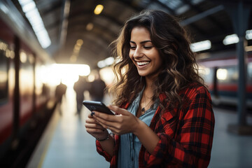 Smiling attractive woman looking at his smart phone at a train station - obrazy, fototapety, plakaty
