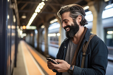 Smiling bearded man looking at his smart phone at a train station - obrazy, fototapety, plakaty