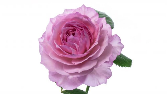 Beautiful opening pink rose on white background. . Holiday, love, birthday border. Wedding, Valentines Day, Mothers Day, Womans Day concept.