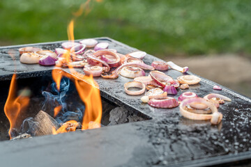 grilling onions on an open grill outside in the garden