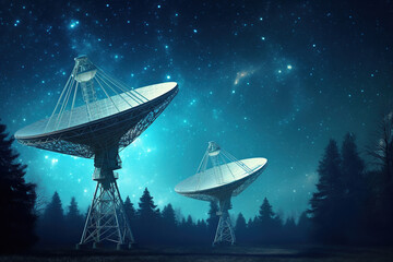 Silhouettes of satellite dishes or radio antennas against night sky. Space observatory. - obrazy, fototapety, plakaty