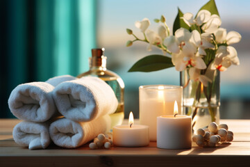 Spa, beauty treatment and wellness background with Towels, Flower, Massage oil and burning candle on wooden table
