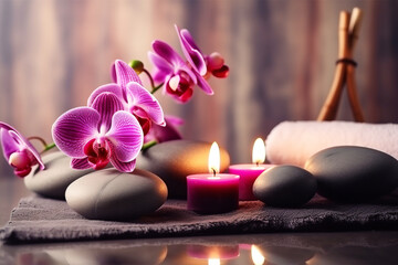 Obraz na płótnie Canvas Bright Spa vibe, beauty treatment and wellness background with massage stone, orchid flowers, towels and burning candles 