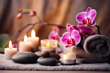 Bright Spa vibe, beauty treatment and wellness background with massage stone, orchid flowers, towels and burning candles
