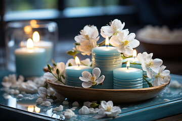 A tranquil spa massage and wellness environment adorned with blossoming flowers and burning candle, evoking beauty and relaxation.
