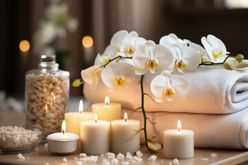 A tranquil spa massage and wellness environment adorned with blossoming flowers and burning candle, evoking beauty and relaxation.
