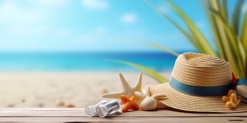 summer concept with a combination of hats and beach shells. generative AI