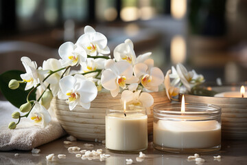 A tranquil spa massage and wellness environment adorned with blossoming flowers and burning candle,...