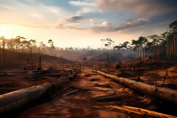 deforestation of the rainforest: chopped down trees after bulldozer deployment 