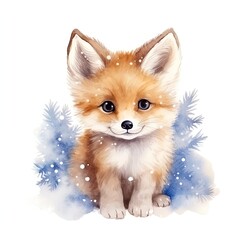 Obraz premium watercolor illustration of a cute little fox cub winter theme, snowflakes around, white background