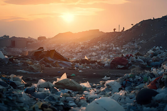 trash dumped at a landfill: huge piles of plastic waste/garbage piles with sun fog and smoke  in the background