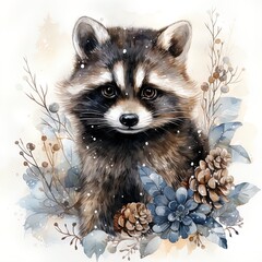 watercolor illustration of a cute little raccoon winter theme, snowflakes around, white background