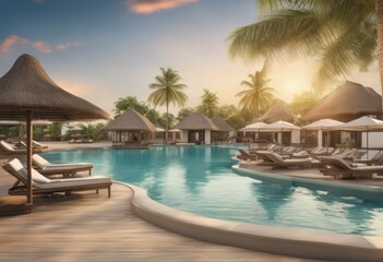 beautiful tropical swimming pool in hotel resort beautiful tropical swimming pool in hotel resort beautiful tropical resort with palm tree and umbrellas. 3d rendering