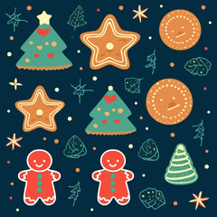 Christmas cookies quirky doodle pattern, background, cartoon, vector, whimsical Illustration