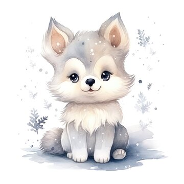 watercolor illustration of a cute little wolf winter theme, snowflakes around, white background