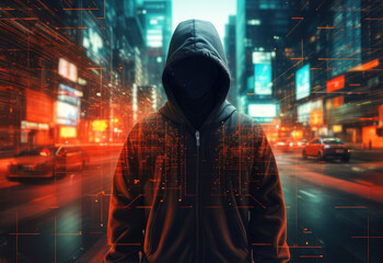 Unknown hacker wearing hoodie who is depicted in double exposure photo in city