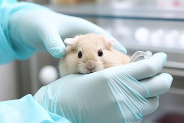 Close-up. Lab research on rodent, syringe and gloved hands visible. Clinical study and animal trials. - obrazy, fototapety, plakaty