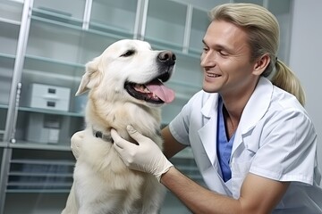 Veterinarian in white coat smiling at large white dog during medical check. Animal clinic scene.