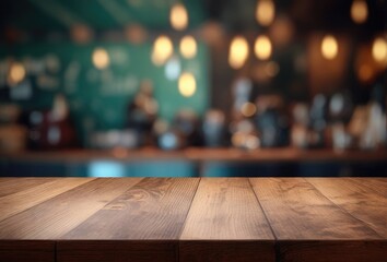 Bar or pub with a blurred background and an empty wooden table. For the purpose of product display - obrazy, fototapety, plakaty