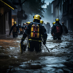 A rescuers navigate through floodwaters, their expressions a mix of determination and empathy.
