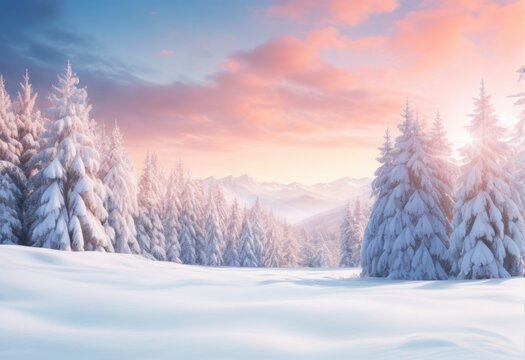 Amazing scene of snow-capped pine trees in a frosty morning, illuminated by bright sunshine. Wonderful natural setting in a valley of winter mountains. Holiday, Christmas concept