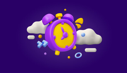 Vector 3d alarm clock illustration. Cartoon watch in the sky on dark background. Time concept composition, web banner