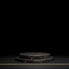 Round marble stone podium on black background. Simple stage for product, cosmetic presentation. Pedestal or platform for beauty products. Empty scene. Generative AI.
