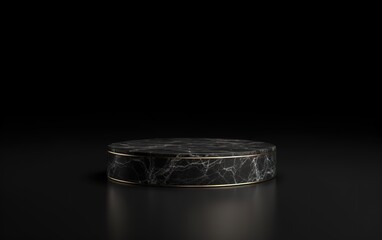 Round marble stone podium on black background. Simple stage for product, cosmetic presentation. Pedestal or platform for beauty products. Empty scene. Generative AI.