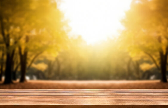 Wooden table top on blurred nature garden park background. Perfect for display product. High quality photo