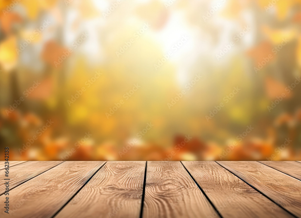 Poster wooden table top on blurred autumn forest background with bokeh effect sunlight. high quality photo