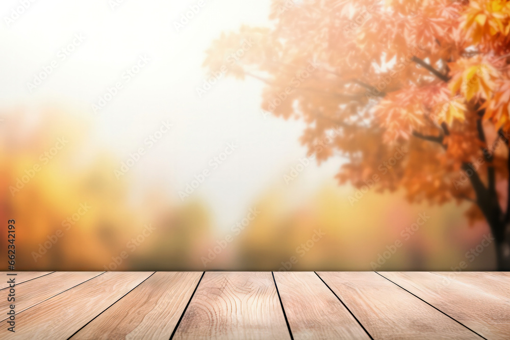 Canvas Prints Wooden table against blurred autumn background with maple tree and sunshine. High quality photo