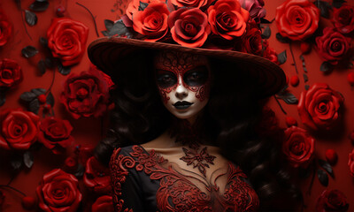 Calavera Catrina, Portrait of a woman with sugar skull makeup over red background. Halloween costume.