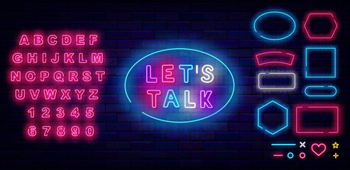 Talk show neon signboard. Geometric frames collection. Shiny pink alphabet. Colorful text. Vector stock illustration