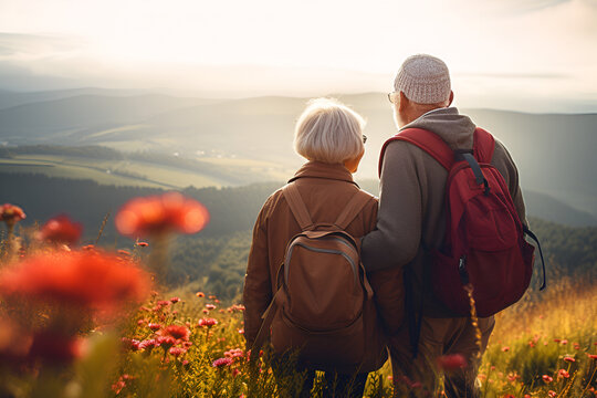 Elderly couple They take an exploratory tour in the mountains, hiking in her travel backpack