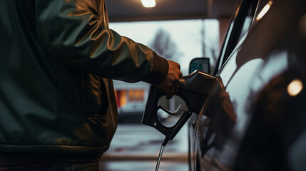 At the fueling station, a man's hand grips the gas pump handle firmly as he fills his vehicle's tank, showcasing the action from an up-close angle.  - obrazy, fototapety, plakaty