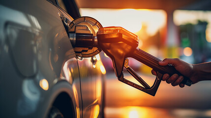 A close-up shot captures a man's hand inserting the gas pump nozzle into his car's tank as he begins the refueling process at a well-lit gas station.  - obrazy, fototapety, plakaty