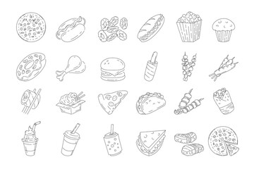 line fast food icons set. Unhealthy food and drinks set
