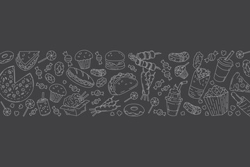 Banner of Set fast food doodles or line icons doodles on black. menu or food package design. Vector illustration. Editable strocke