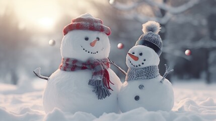 Obraz premium Couple happy snowman standing in winter christmas landscape