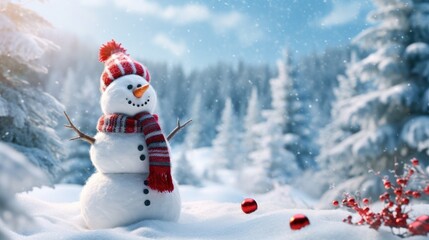 Fototapeta premium Snowman in winter secenery. Merry christmas and happy new year
