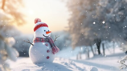 Snowman in winter secenery. Merry christmas and happy new year