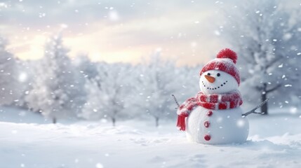 Naklejka na ściany i meble Snowman in winter secenery. Merry christmas and happy new year