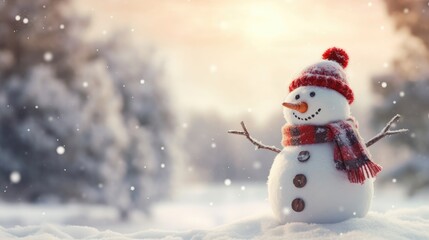 Naklejka na ściany i meble Snowman in winter secenery. Merry christmas and happy new year