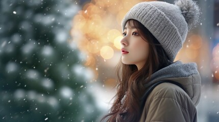 Close up portrait of beautiful asian woman in winter clothes.  Christmas holidays concept. - obrazy, fototapety, plakaty
