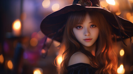Fototapeta premium Young woman dressed in a witch costume, on Halloween. 