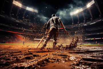 Splashes in the mud with a baseball batter in the center of the field between the stadium lights in the background. Generative AI - obrazy, fototapety, plakaty